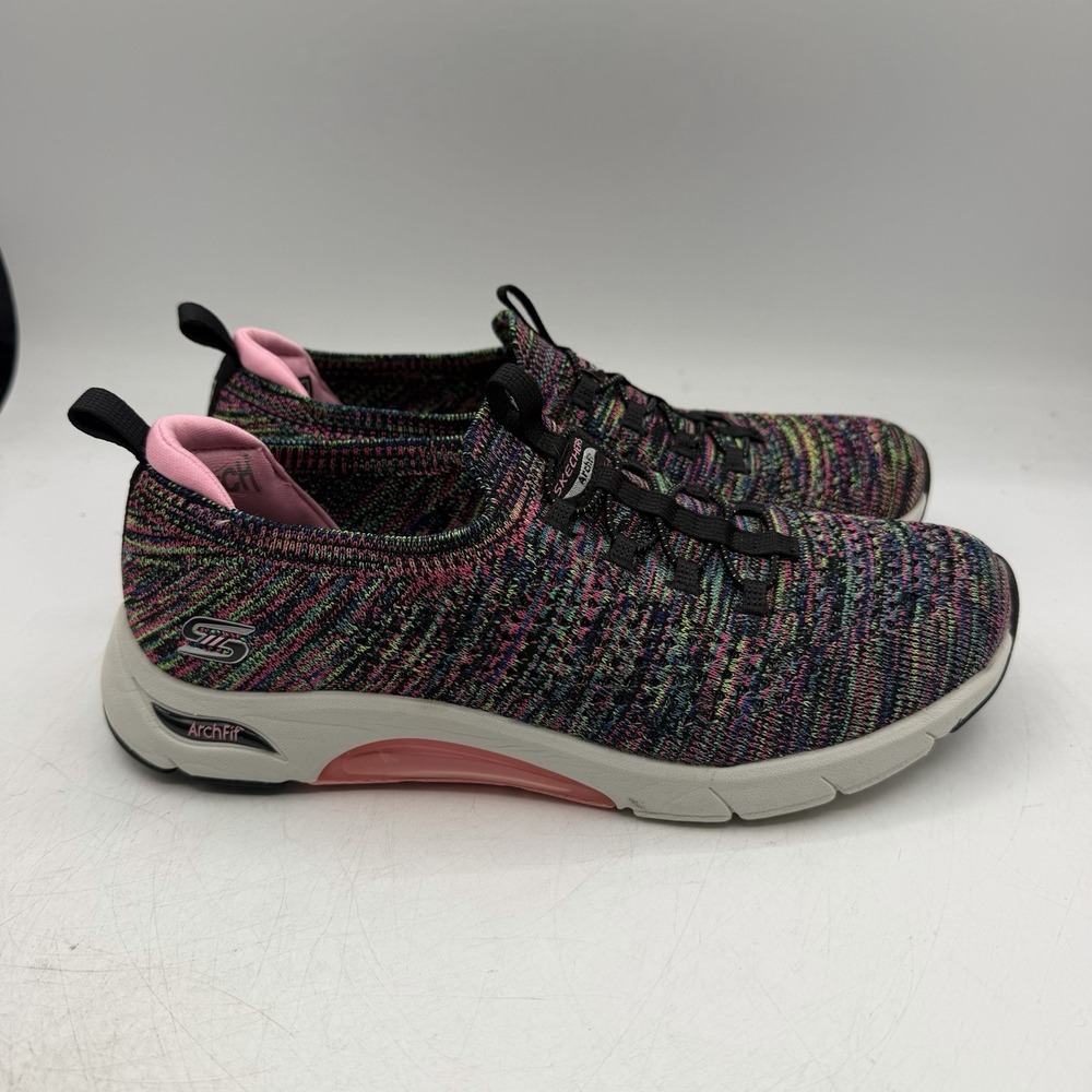 Skechers Arch Fit Flyknit Shoes Womens Sz 8.5 Black Multi Slip On Sneaker 104250